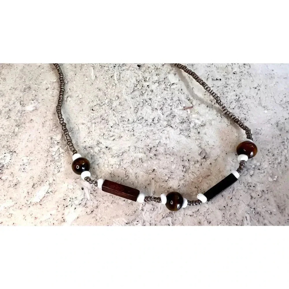 Vintage Brown Gold Silver Wooden Bar Beaded Necklace - Picture 2 of 8
